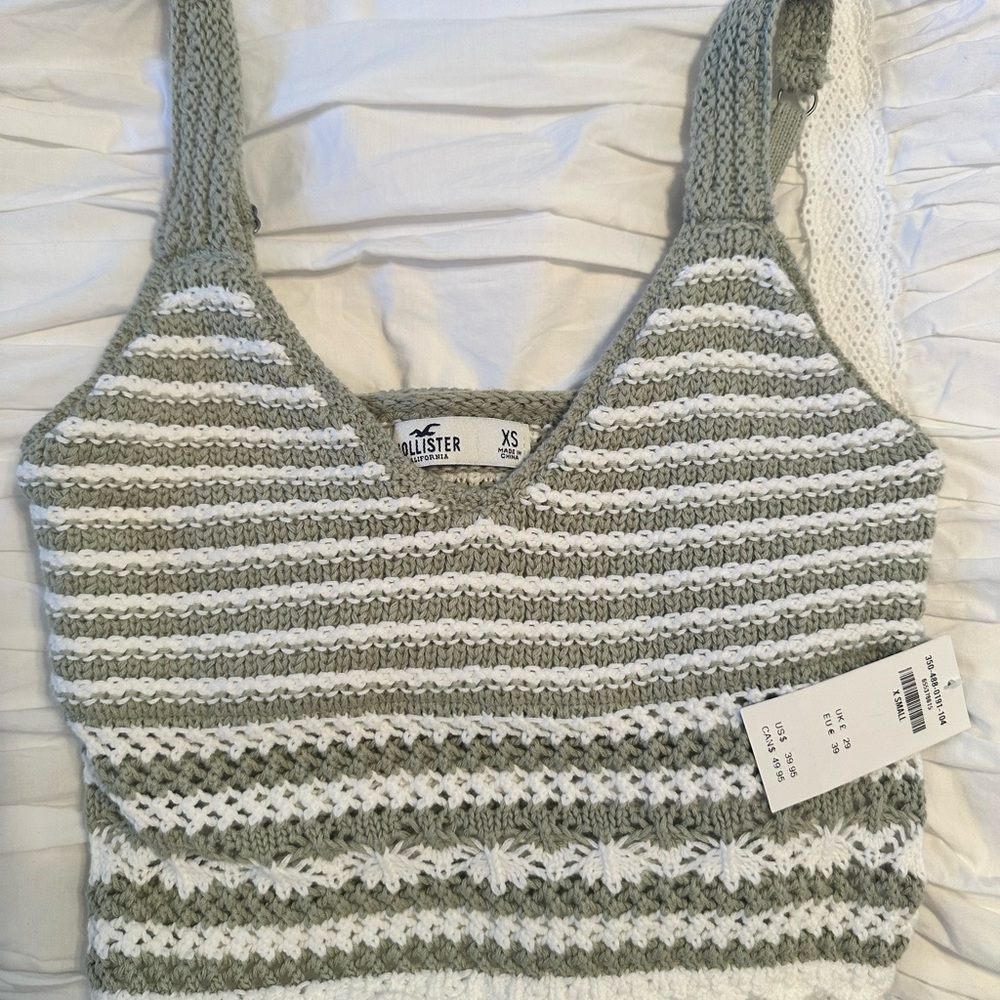 Hollister Women's Olive and White Striped Tank Top